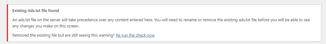 워드프레스 플러그인 내 Existing Ads.txt file found 경고 문구